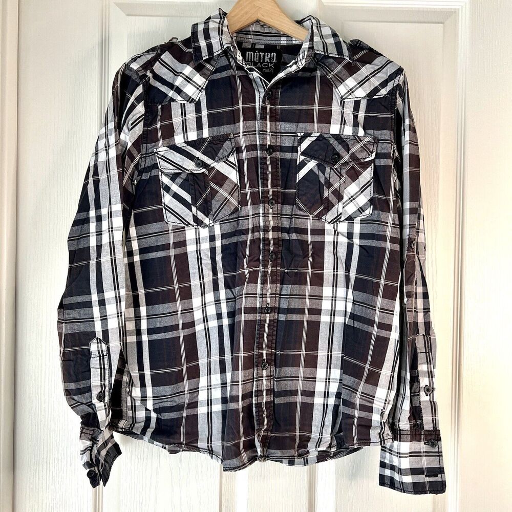 Metro Rue 21 Shirt Mens Size Small Plaid Brown & Black Button Up Casual Shirt